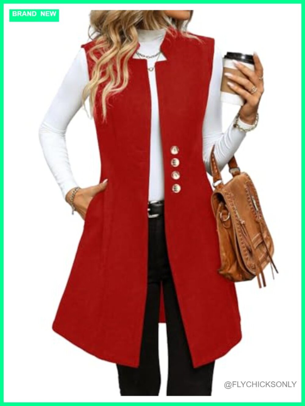 Long Sleeveless Wool Blend Vest Trench Coat with Pockets
